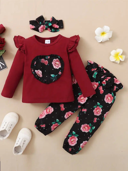 3pcs Girls Floral Shirt & Pants Headband Set