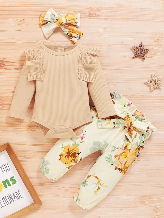 4PC Floral Apricot Pants Set