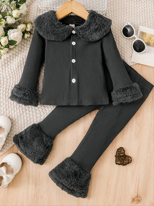 Black 2 PC Pants Set with Fur