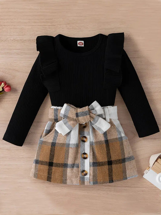 Girls 2PC Black and Brown Plaid Skirt Set