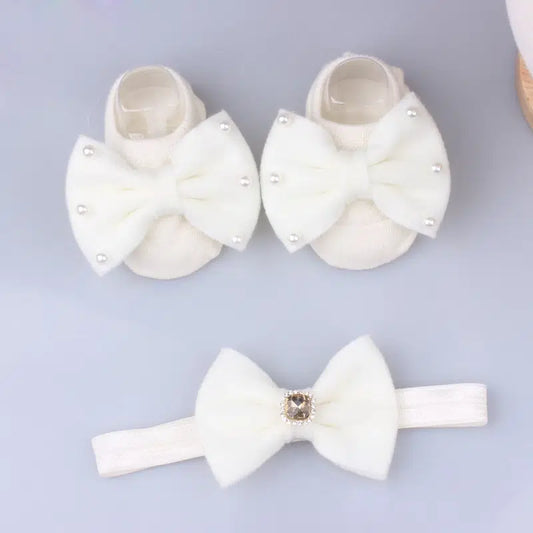 Headband and Booties with Bow and Pearls