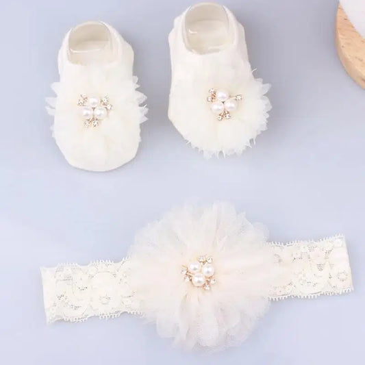 New Born Headband and Booties with Lace and Pearls