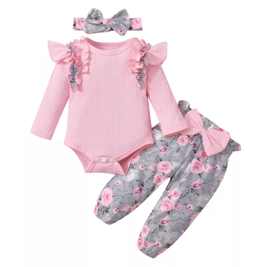 Pink Bodysuit and Floral Pants with Headband