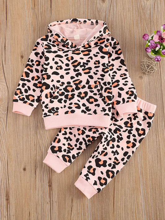 Pink/Peach Leopard  Hooded Jogger Set