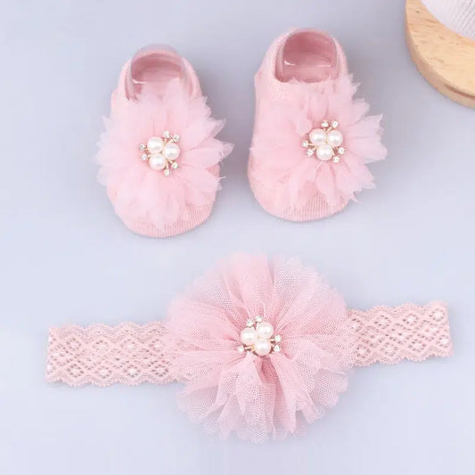 New Born Pink and Pearl Headband and Booties