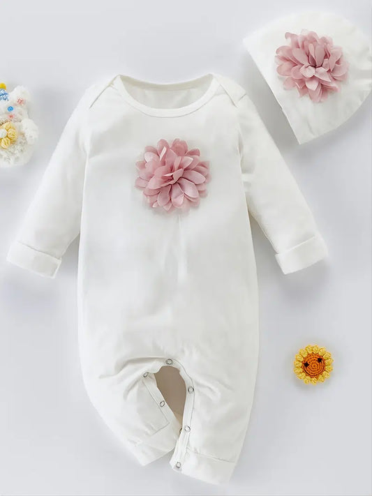 White Bodysuit with Flower and Matching Hat